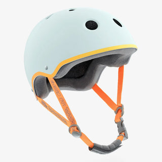 Ice blue YEPA skate helmet with neon gradient stripe, clear logos, and orange webbing, shown in matte finish.