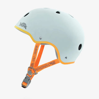 Ice blue YEPA skate helmet with neon gradient stripe, clear logos, and orange webbing, shown in matte finish.