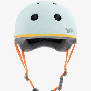 Ice blue YEPA skate helmet with neon gradient stripe, clear logos, and orange webbing, shown in matte finish.