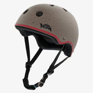 YEPA T-Shell Plus Helmet in Stone Speckled colorway with hand-flicked paint spatter and dark red accent stripe