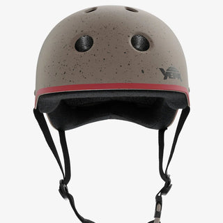 YEPA T-Shell Plus Helmet in Stone Speckled colorway with hand-flicked paint spatter and dark red accent stripe