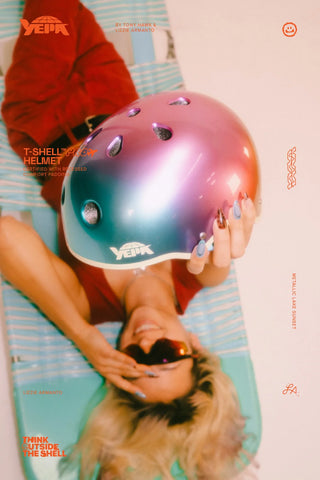 YEPA T-Shell Pro Helmet in Metallic Lake Sunset colorway with twilight color fade and arctic white accent stripe