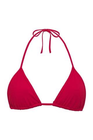 Frankies Bikinis X Pamela Anderson Zeus Triangle Bikini Top in Anderson Red, a captivating swimwear piece with adjustable triangle cups and gold-tone hardware accents.