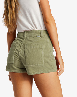 Billabong Free Fall Corduroy Shorts in Avocado - High-waisted fit, zip fly closure, back patch pockets.