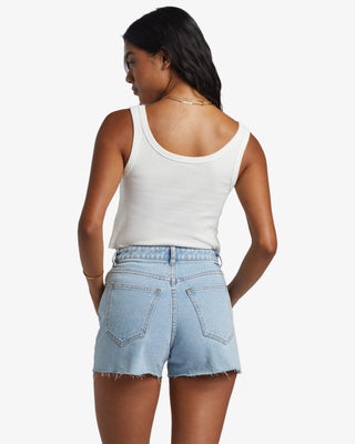 Billabong High Tides Denim Shorts with high-rise, zip fly, button closure, five pockets, and logo label.