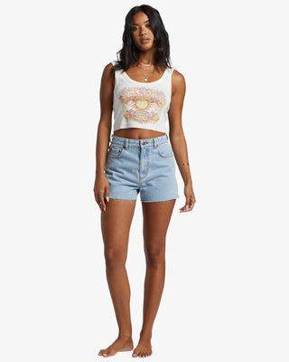 Billabong High Tides Denim Shorts with high-rise, zip fly, button closure, five pockets, and logo label.