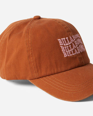 Billabong Dad Cap, cotton twill, fitted, toffee color, curved brim, adjustable metal snapback, embroidered.