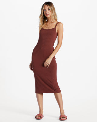 Billabong Women's Summer Babe Midi Dress with stretchy rib knit blend and straight neck design.