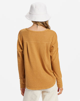 Billabong New Anyday Henley Top in Cosmic Khaki, textured cotton blend, relaxed fit, shirttail hem.