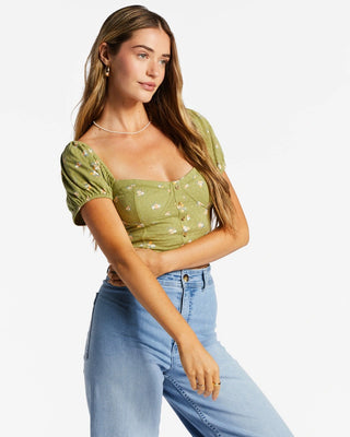 Billabong Womens "Sweet Memory" knitted top with corset design and puff sleeves.