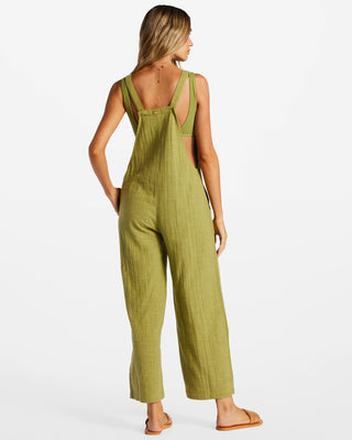 Billabong Women's Pacific Time cotton strappy jumpsuit with front patch pockets and adjustable straps.