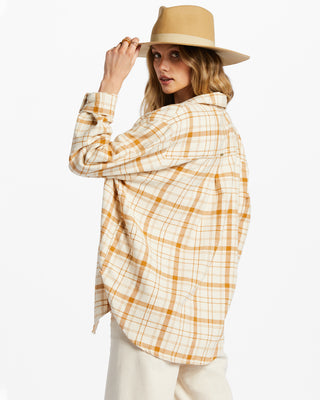 Billabong So Stoked Long Sleeve Flannel Shirt, oversized, 100% cotton, patch pockets.