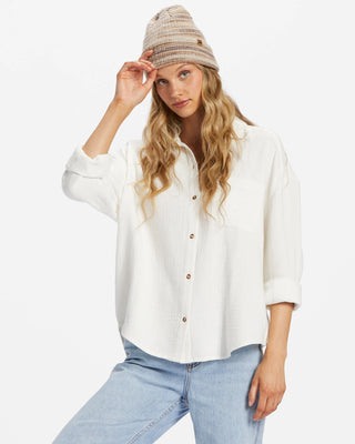 Billabong Right On oversized long-sleeve shirt in double-layer cotton gauze.
