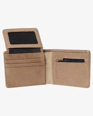 Billabong clay bi-fold wallet, vegan faux leather, includes coin pocket, card slots, and mesh ID window.