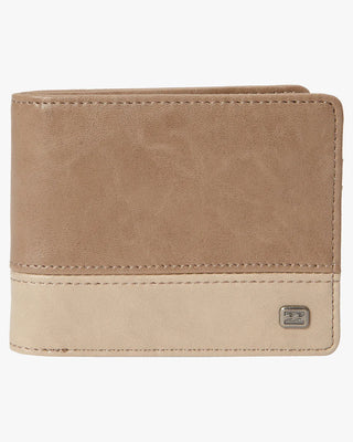 Billabong clay bi-fold wallet, vegan faux leather, includes coin pocket, card slots, and mesh ID window.