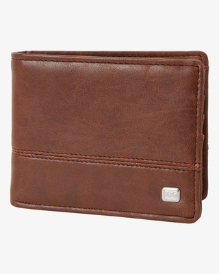 Billabong Java Grain bi-fold wallet, vegan faux leather, zip coin pocket, card slots, mesh ID window.