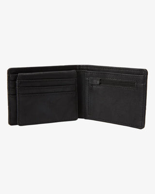 Billabong black grain faux leather wallet, six card slots, zip coin pocket, mesh ID window.