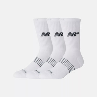 New Balance Numeric Active Crew Socks 3 Pack in White with NB DRY moisture-wicking technology, cushioned footbed, mesh top, arch band support, ribbed leg, and embroidered logo branding