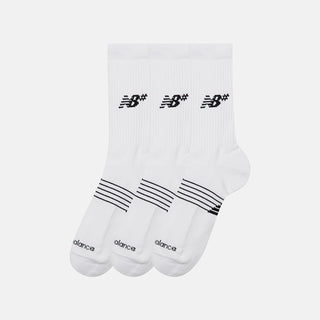 New Balance Numeric Active Crew Socks 3 Pack in White with NB DRY moisture-wicking technology, cushioned footbed, mesh top, arch band support, ribbed leg, and embroidered logo branding