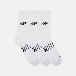 New Balance Numeric Active Crew Socks 3 Pack in White with NB DRY moisture-wicking technology, cushioned footbed, mesh top, arch band support, ribbed leg, and embroidered logo branding