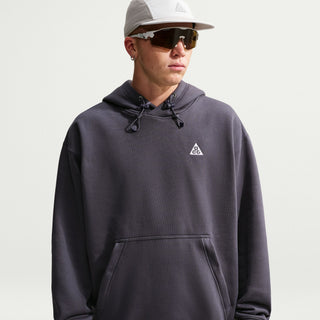 Front view of the Nike ACG Tuff Fleece Pullover Hoodie in Gridiron/Summit White, showing the white chest logo, adjustable hood, and kangaroo pocket.