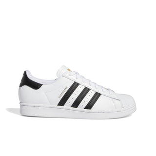 White Adidas sneaker with black stripes on a white background