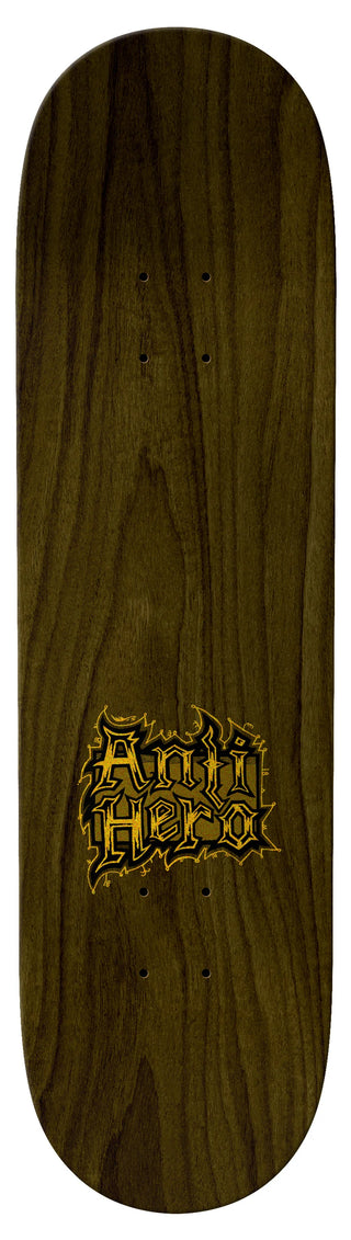 Antihero 8.38 inch Grant Medieval pro model skateboard deck with original artwork by Mulls Davis, 32.25 inch length and 14.5 inch wheelbase