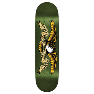 Antihero 8.38 inch Classic Eagle skateboard deck with Easy Rider shape, shallower concave, symmetrical drawn-out nose and tail, increased center rocker, 32.25 inch length and 14.5 inch wheelbase