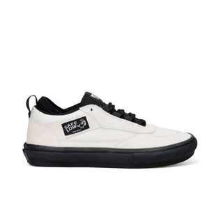 Vans Skate Safe Low Atiba in bone white and black with suede upper, PopCush cushioning, and DuraCap reinforcements.