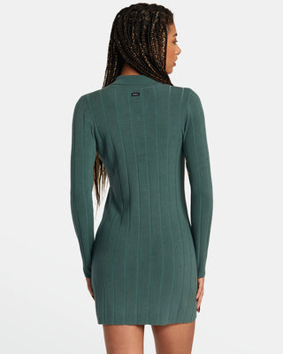 RVCA Women's Meri Jumper Dress with collar neck, button-front, and long sleeves in a snug fit, showcasing feminine elegance.
