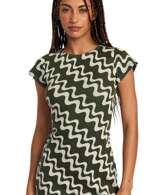 RVCA SOHO Dress in Forest Green; regular fit, crew neck, cap sleeve; cotton jacquard; available at Drift House.