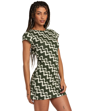 RVCA SOHO Dress in Forest Green; regular fit, crew neck, cap sleeve; cotton jacquard; available at Drift House.