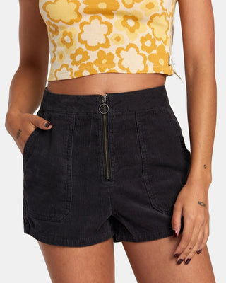 RVCA Goldie eco-friendly corduroy shorts with metal O-ring puller.
