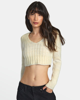 Woman in RVCA Destiny Sweater, recycled fabric, rib detail