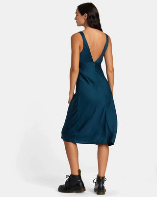 RVCA Say So Midi Dress in Pond, relaxed fit, scoop neck, back zip, modal fabric.