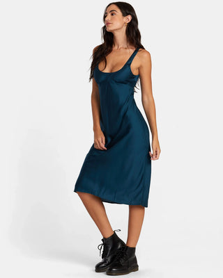 RVCA Say So Midi Dress in Pond, relaxed fit, scoop neck, back zip, modal fabric.