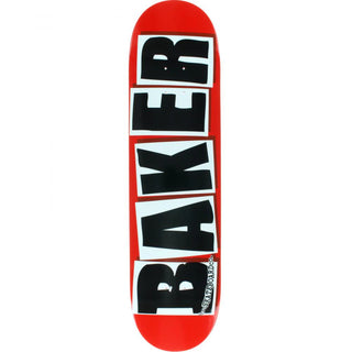 Baker Skateboards 8.5" Brand Logo Deck in Red, with mellow concave, OG shape, and durable construction.
