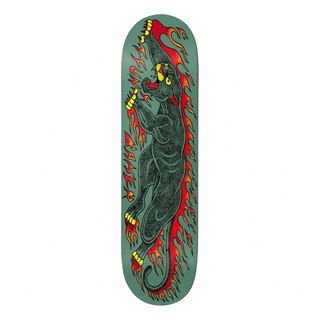 Baker T-Funk Fortune’s Fool skateboard deck with a black panther and red-and-yellow flames on a green background.