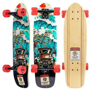 “Sector 9 Bambino Shorebreak complete skateboard with turquoise wave and lifeguard tower artwork, red wheels, black trucks, and a natural bamboo top.”