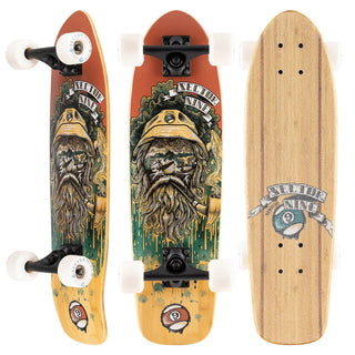 “Sector 9 Bambino Skipper complete skateboard with bearded sea captain artwork, black trucks, white wheels, and a natural bamboo top.”