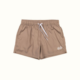 Duvin Basics Swim Short in brown, 100% polyester, relaxed fit, premium soft liner, elastic waistband, velcro pocket.