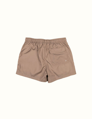 Duvin Basics Swim Short in brown, 100% polyester, relaxed fit, premium soft liner, elastic waistband, velcro pocket.