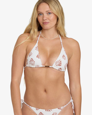Billabong Sandy Shells Remi Tri Top in Salt Crystal, recycled nylon and elastane triangle bikini top with medium bust coverage, tie neck and centre back, removable cups, and circle metal plate on side