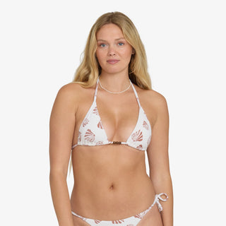 Billabong Sandy Shells Remi Tri Top in Salt Crystal, recycled nylon and elastane triangle bikini top with medium bust coverage, tie neck and centre back, removable cups, and circle metal plate on side