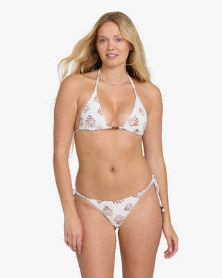 Billabong Sandy Shells Tie-Side Tanga Bottom in Salt Crystal, recycled nylon and elastane with tie side closures, skimpy coverage, adjustable hip fit, and logo metal plate on back right side seam