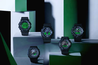 G-SHOCK GD010BEG-1 digital watch with black bio-based case, electro green display accents, and resin band.