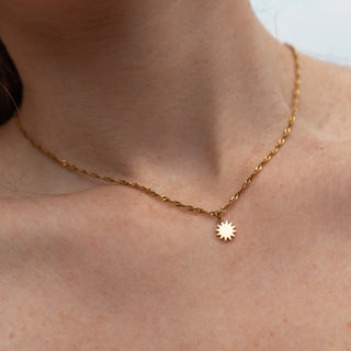 ALCO Jewelry Limitless Sun Necklace, 18K gold-plated, stainless steel, hypoallergenic.