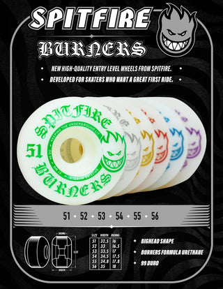 Spitfire 53mm 99D Burner skateboard wheels with Bighead shape and performance urethane.