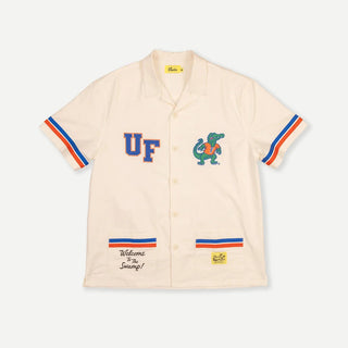 Duvin x Florida Gators Cabana Shirt in Off White with embroidered UF and Gator chest details, contrast paneling, camp collar, and dual patch pockets.