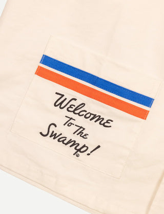  Duvin x Florida Gators Cabana Shirt in Off White with embroidered UF and Gator chest details, contrast paneling, camp collar, and dual patch pockets.